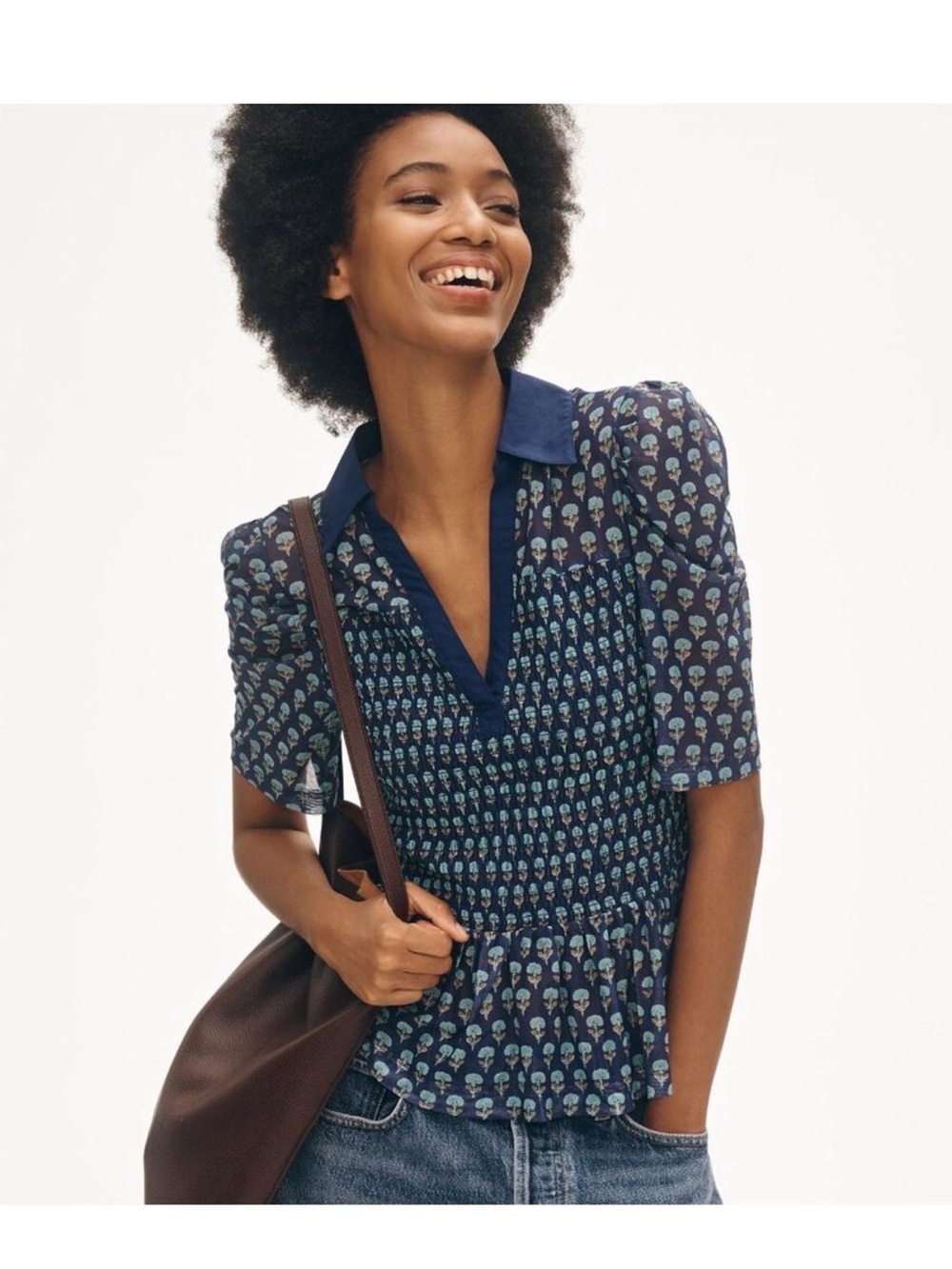 Maeve Navy Blue Printed Peplum Blouse